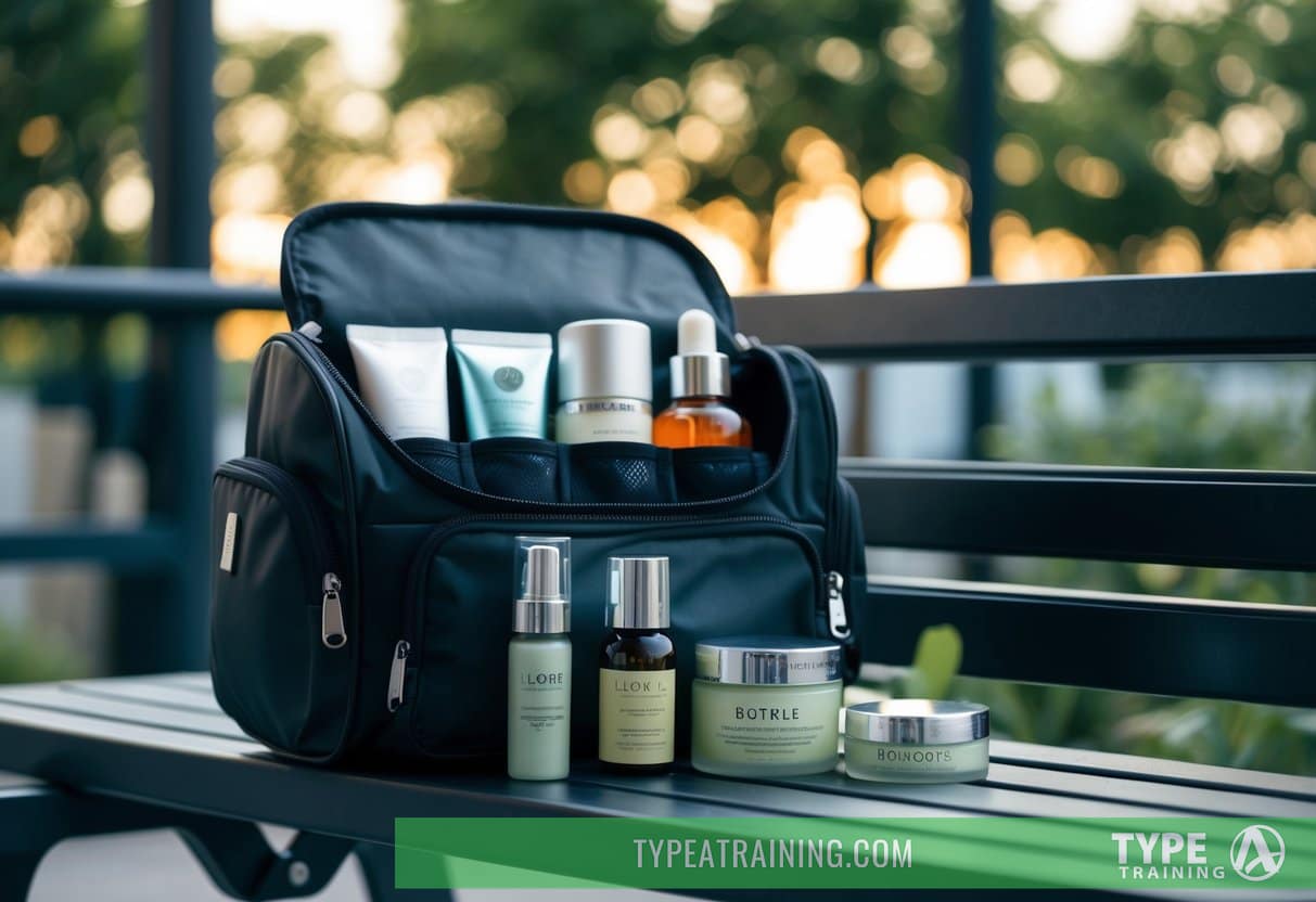 A gym bag open on a bench, with skincare products and ingredients neatly organized for pre and post-workout use
