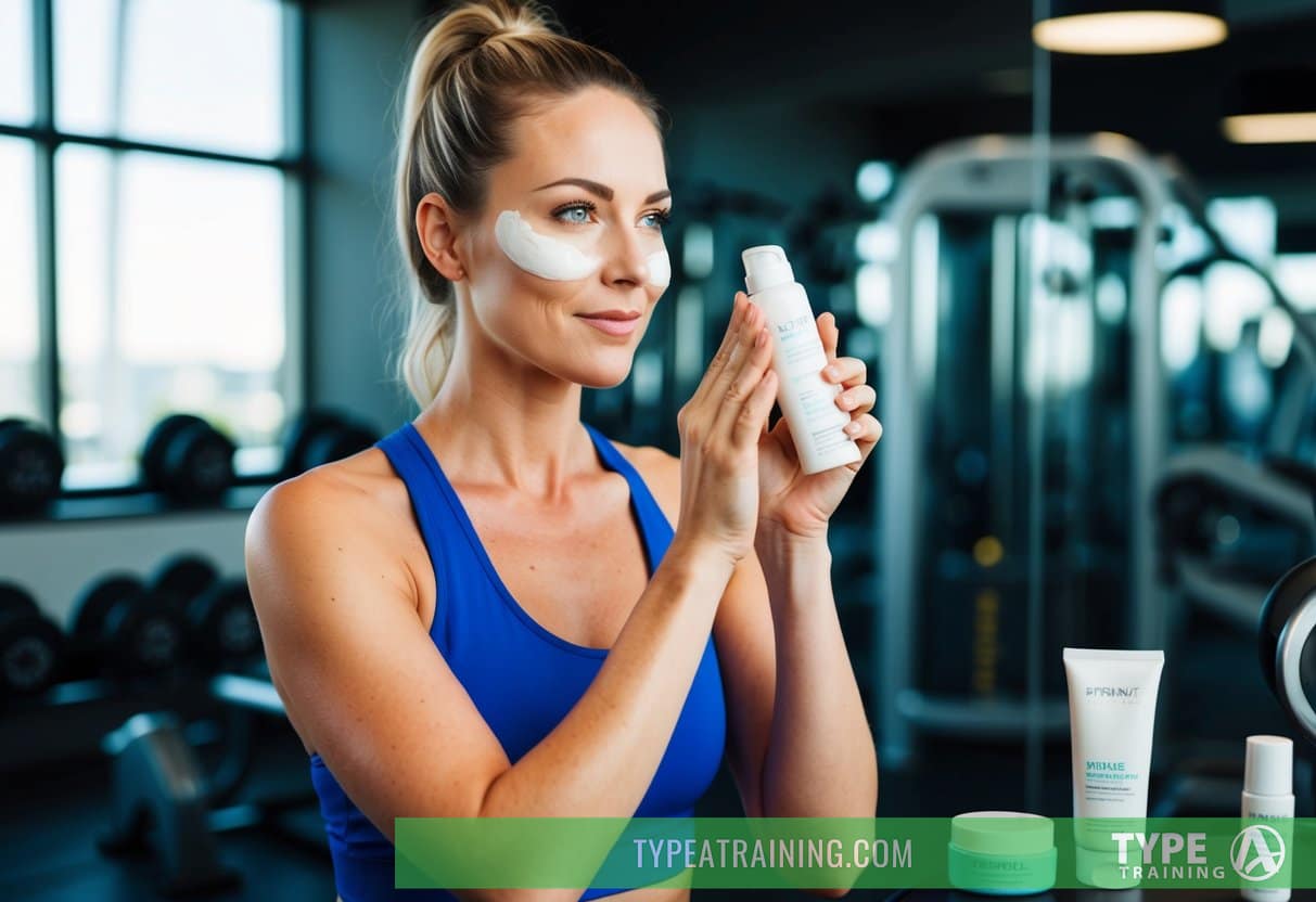 A person applying sunscreen before and after a workout, with gym equipment and skincare products in the background