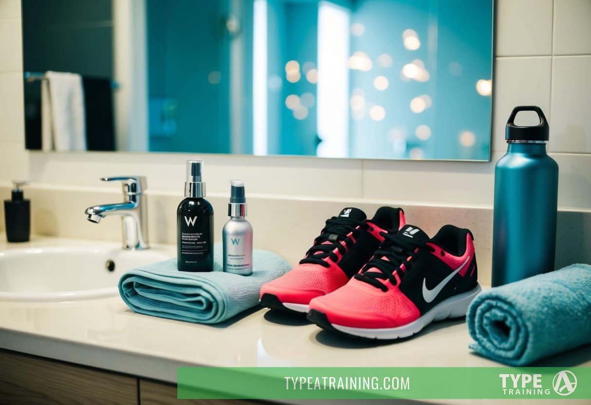 A person's workout gear and skincare products laid out on a clean bathroom counter, with a towel and water bottle nearby