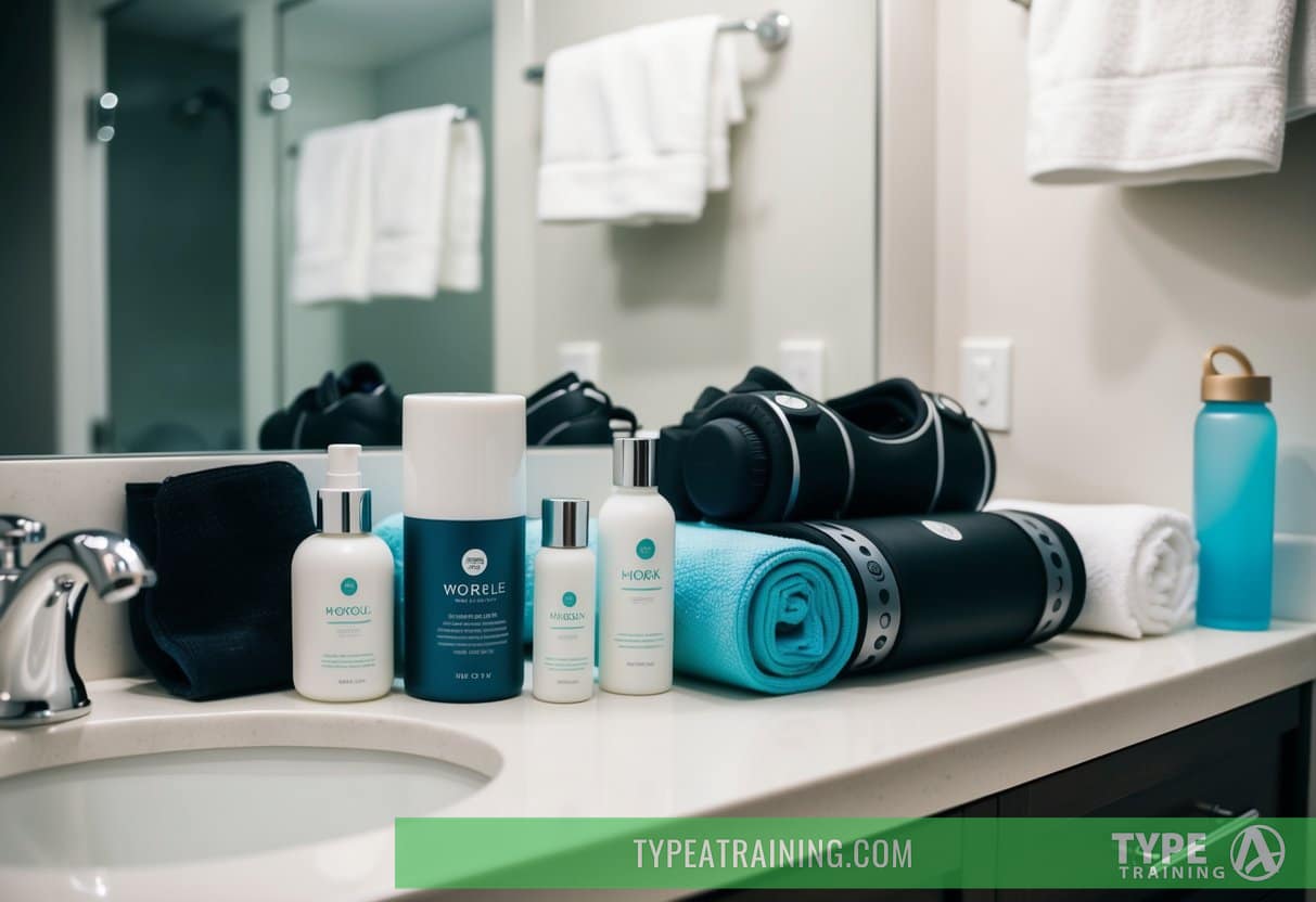A person's workout gear and skincare products laid out neatly on a bathroom counter, with a towel and water bottle nearby