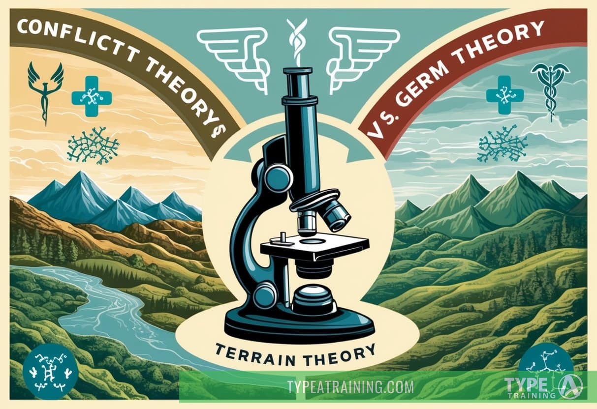 A microscope surrounded by conflicting medical symbols, with a landscape divided into two contrasting environments representing Terrain Theory and Germ Theory