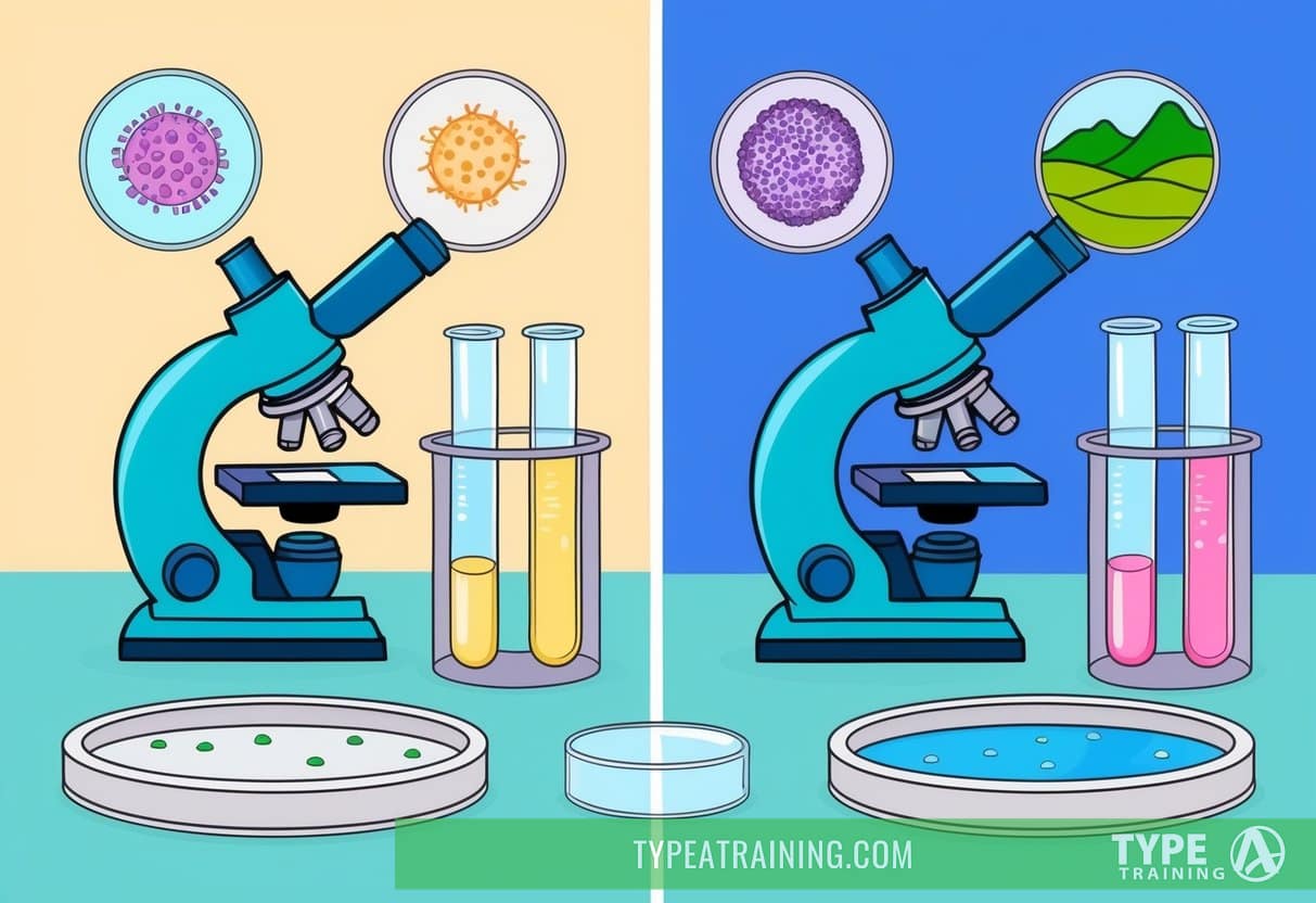 A laboratory setting with microscope, petri dishes, and test tubes. Two contrasting theories depicted through visual representations of germs and terrain