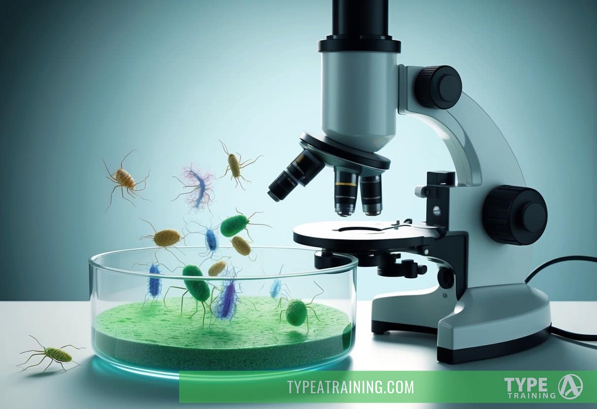A microscope revealing a battle between microscopic organisms on a petri dish, representing the debate between Germ Theory and Terrain Theory in modern medicine