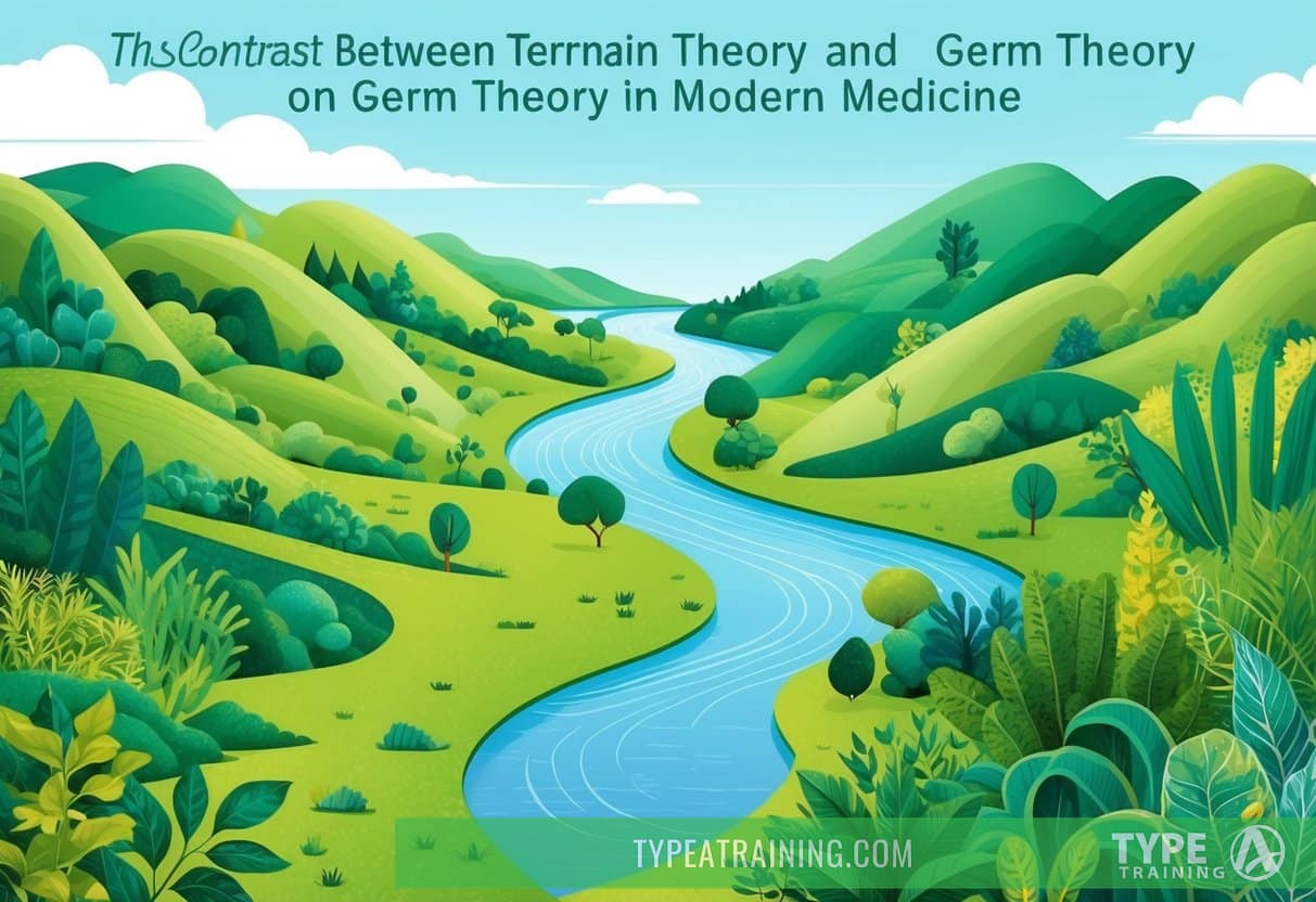 A lush landscape with a winding river, rolling hills, and diverse vegetation. The scene depicts the contrast between Terrain Theory and Germ Theory in modern medicine