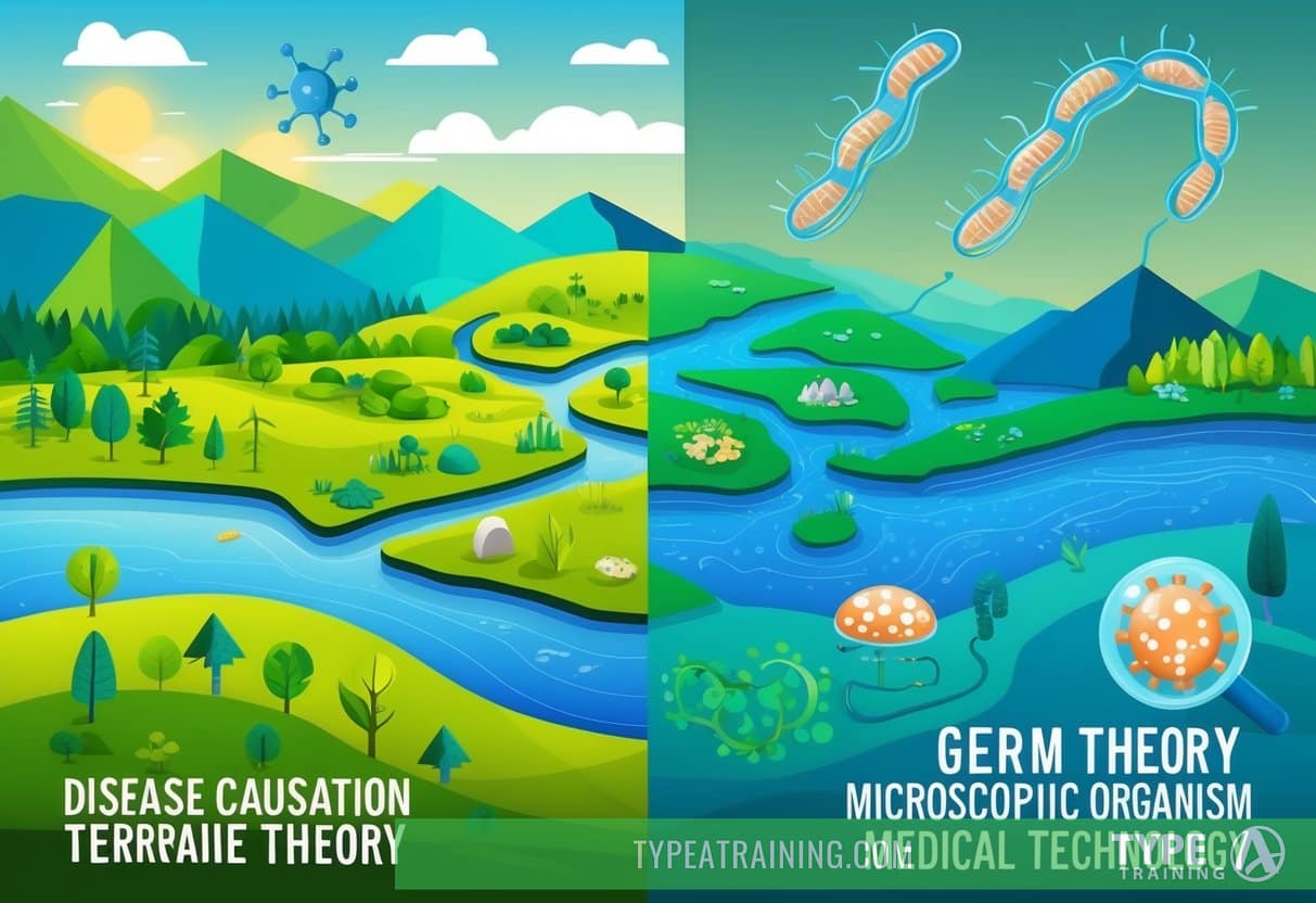 A vibrant landscape with two opposing sides: one representing Disease Causation Terrain Theory with natural elements, and the other representing Germ Theory with microscopic organisms and medical technology