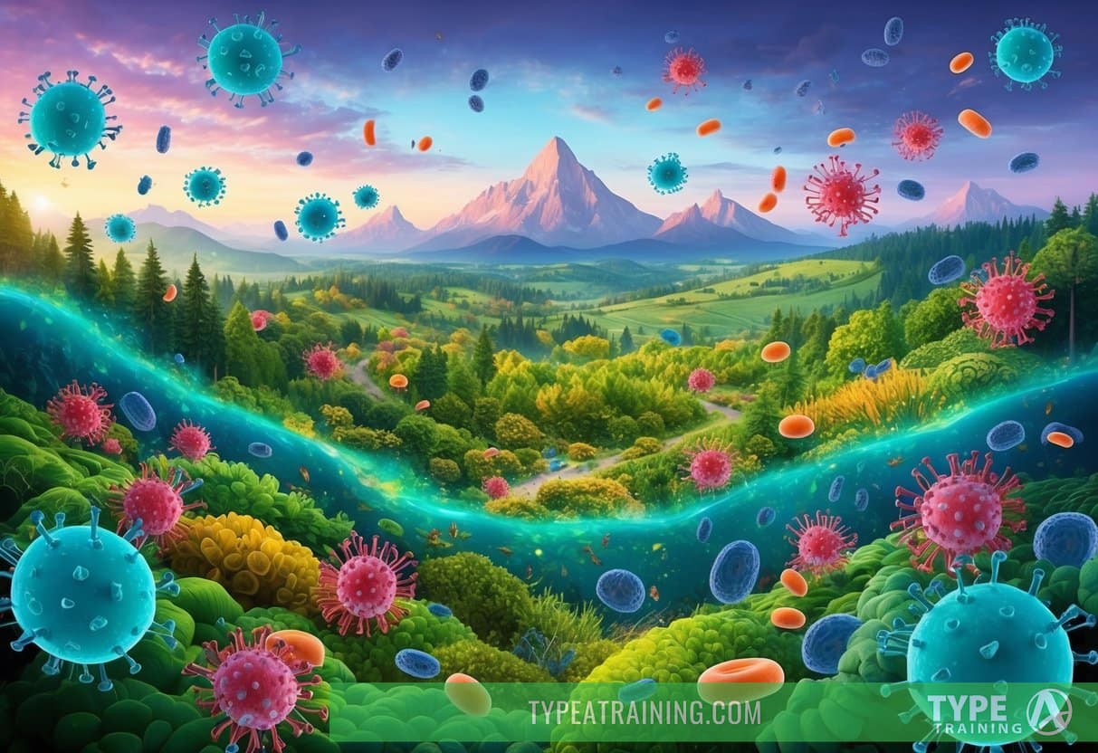 A vibrant landscape with a healthy, flourishing ecosystem surrounded by microscopic pathogens and immune system cells in battle