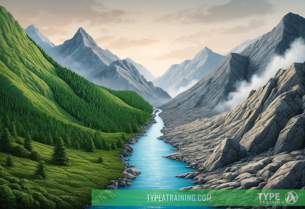 A rugged mountain landscape with a clear divide between lush, green terrain and barren, rocky ground. A river runs through the middle, symbolizing the debate between Terrain Theory and Germ Theory in modern medicine