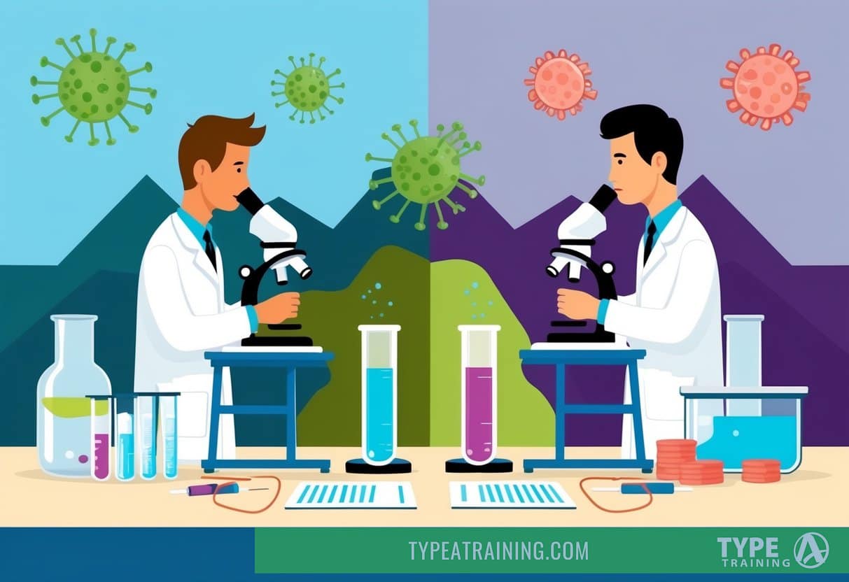 A laboratory setting with test tubes, microscopes, and medical equipment. Two opposing theories are represented through visual elements such as terrain and germs