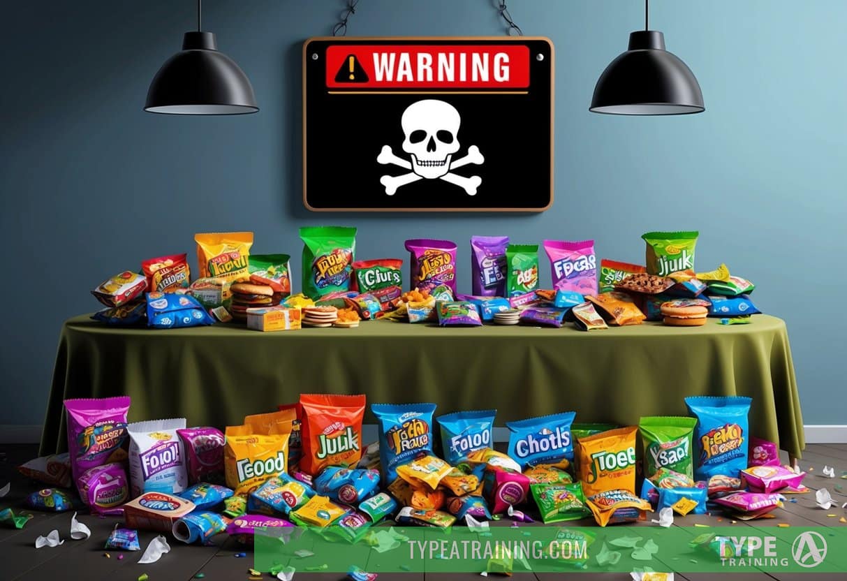 A table overflowing with colorful, packaged junk food. Empty wrappers litter the floor. A warning sign with a skull and crossbones hangs above