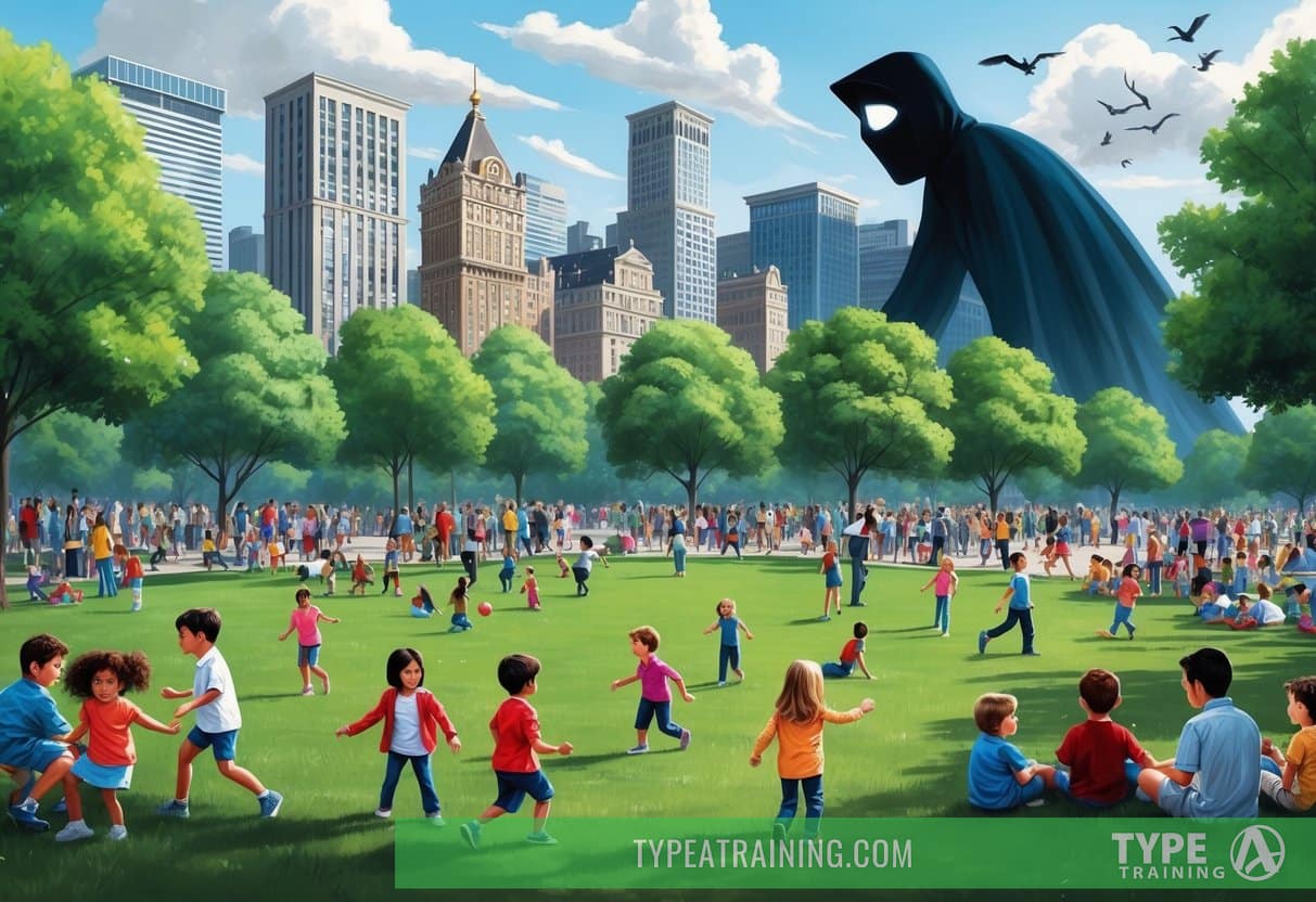 A crowded city park with children playing, while a looming shadow of doubt and fear hovers over the scene
