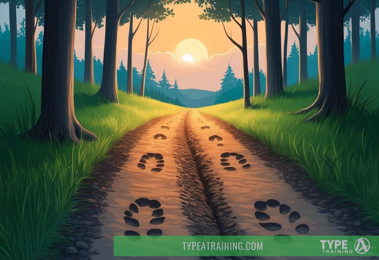 A serene forest trail with two sets of footprints, one fresher than the other, leading into the distance under the glow of a setting sun