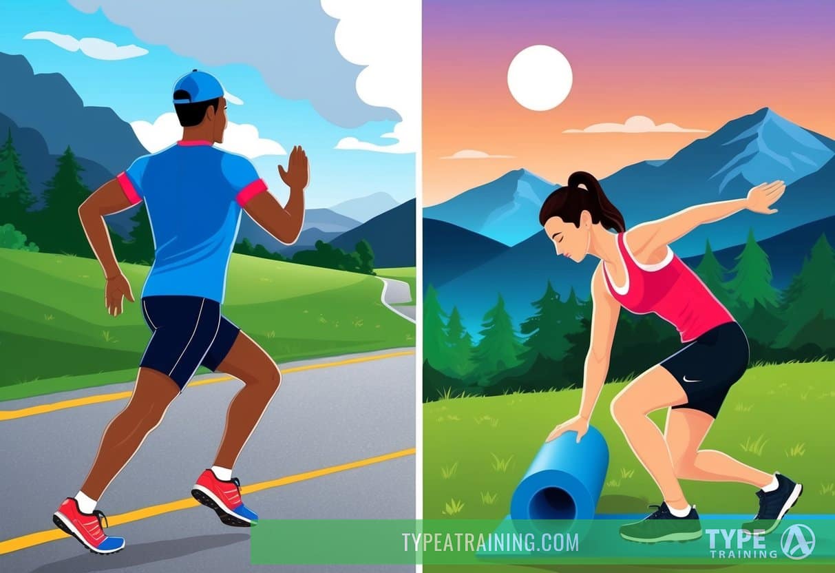 A runner stretching before a scenic morning run, then cooling down with foam rolling in the evening