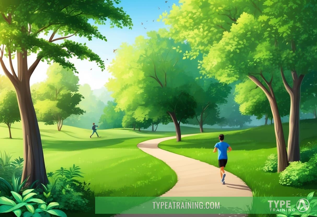 A serene park with a winding trail, surrounded by lush greenery and dappled sunlight, with a figure running along the path in the distance