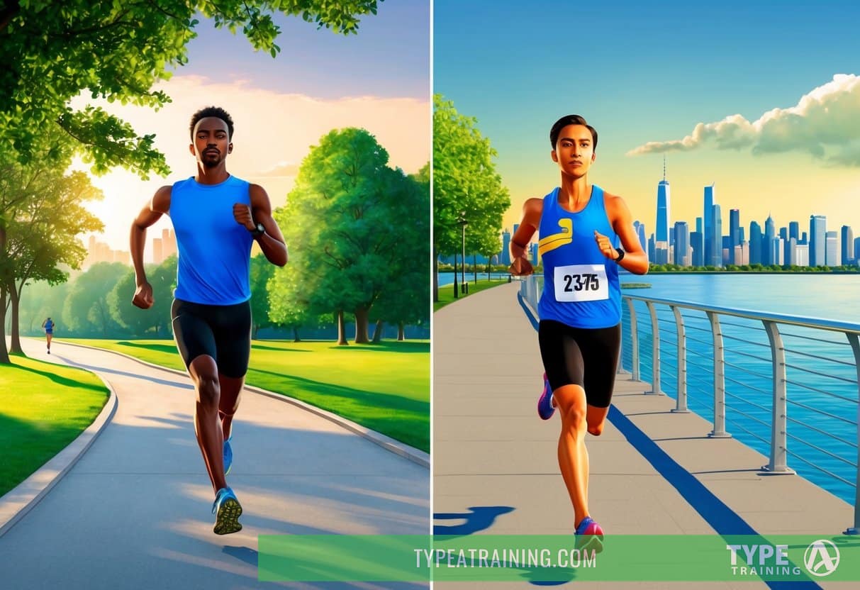 A runner sprints through a scenic park in the early morning light, then later in the day, they race along a waterfront path with the city skyline in the background