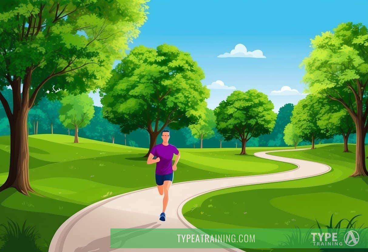 A serene park with a winding trail, surrounded by lush green trees and a clear blue sky. A runner is shown completing their second run of the day, with a sense of accomplishment and vitality