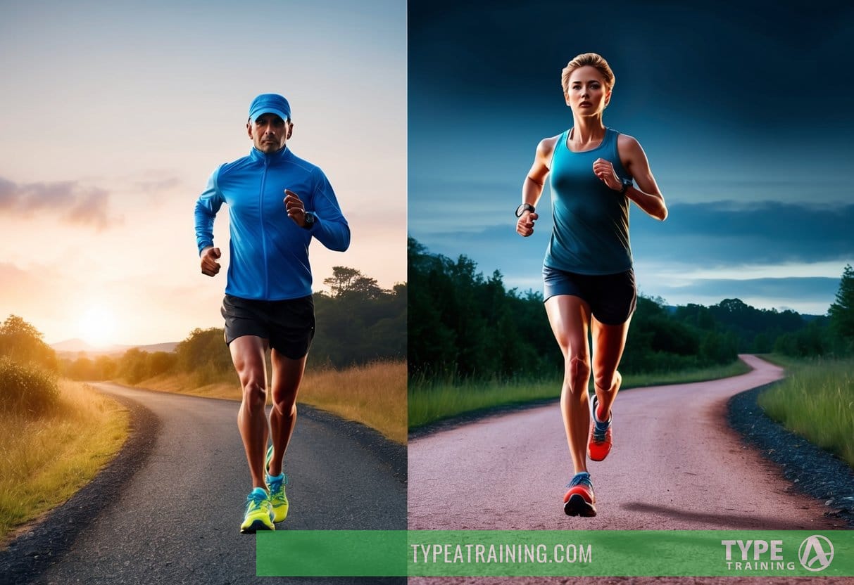 A runner on a path, morning and evening light, fatigue and determination