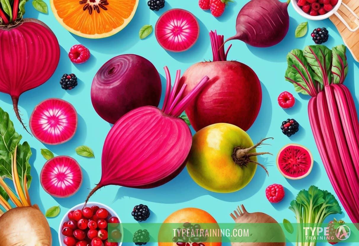 A colorful array of fruits and vegetables, with vibrant reds and pinks, surrounded by natural ingredients like beets and berries