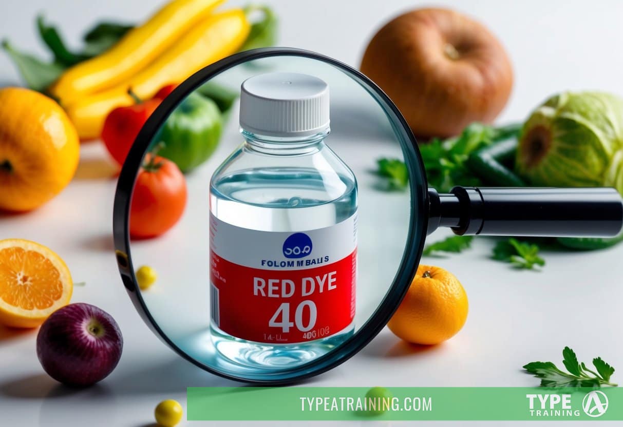 A clear bottle of red dye 40 sits on a white table, surrounded by various fruits and vegetables. A magnifying glass hovers over the bottle, highlighting its ingredients