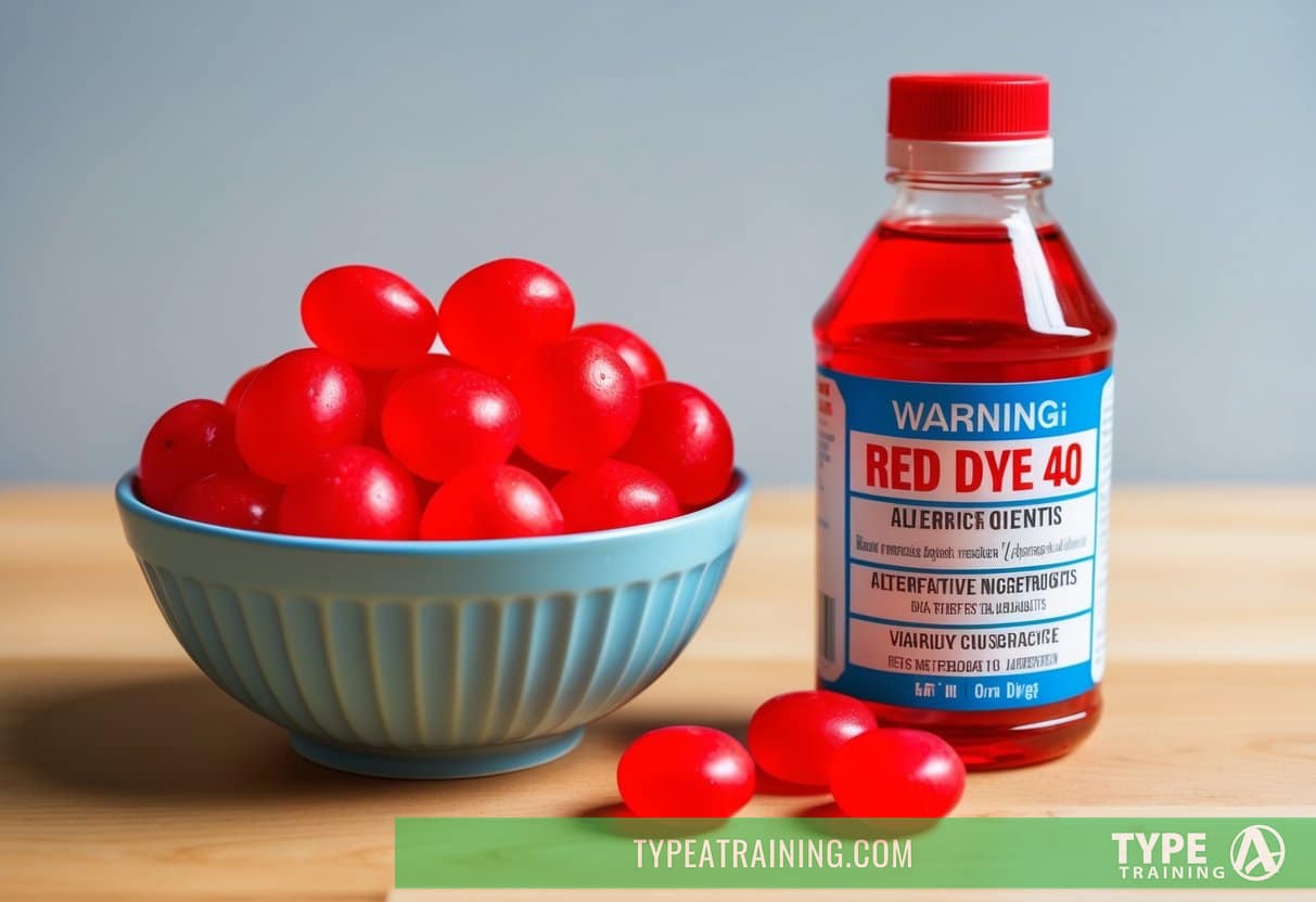 A bowl of bright red candy sits next to a bottle of red dye 40, with a warning label and a list of alternative ingredients
