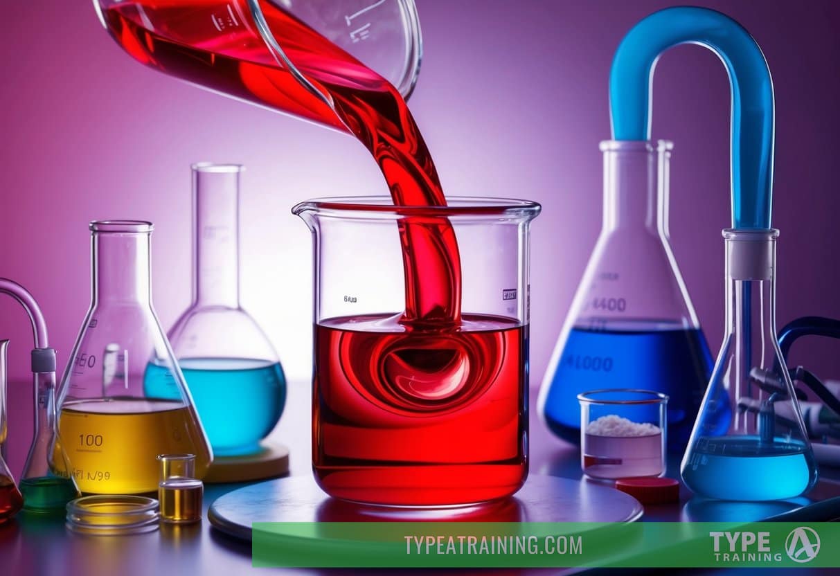 A vibrant red liquid swirling in a clear glass beaker, surrounded by various chemical compounds and laboratory equipment