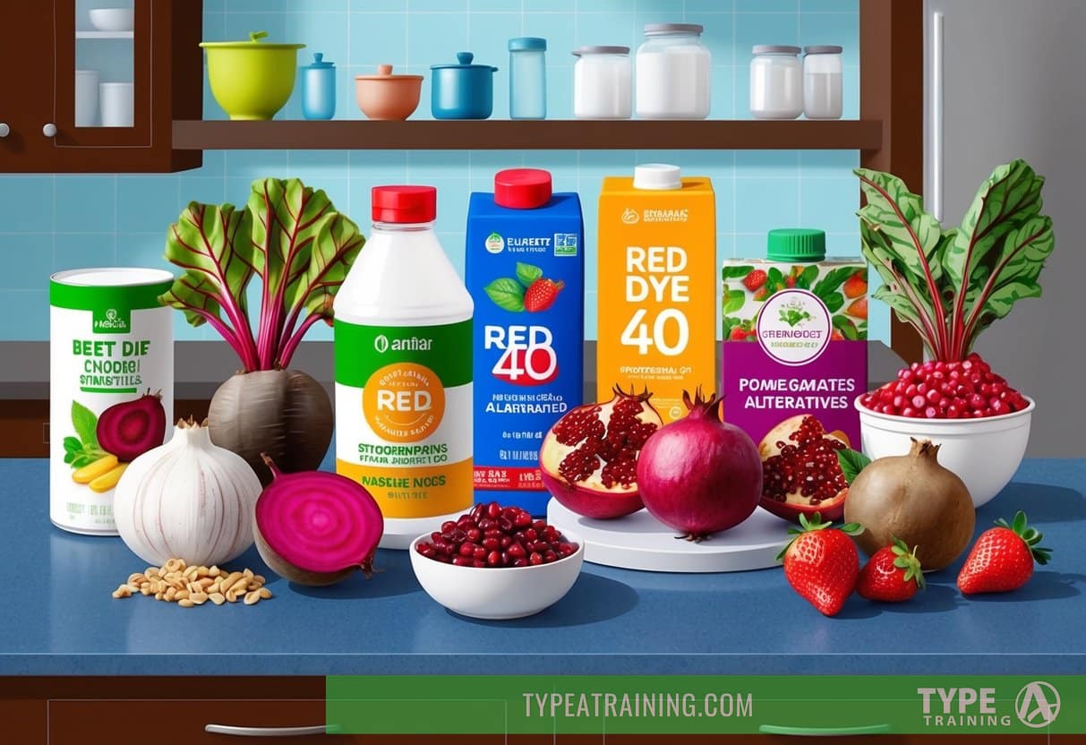 A colorful array of natural ingredients like beets, strawberries, and pomegranates, along with various food products labeled as Red Dye 40 alternatives, displayed on a kitchen counter