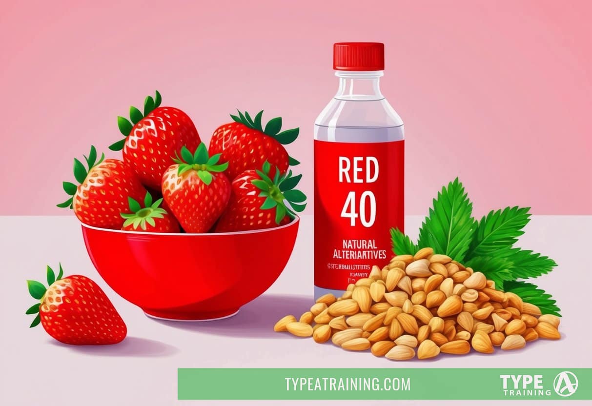 A bowl of bright red strawberries sits next to a bottle of red dye 40, with a warning label and a pile of natural alternatives nearby
