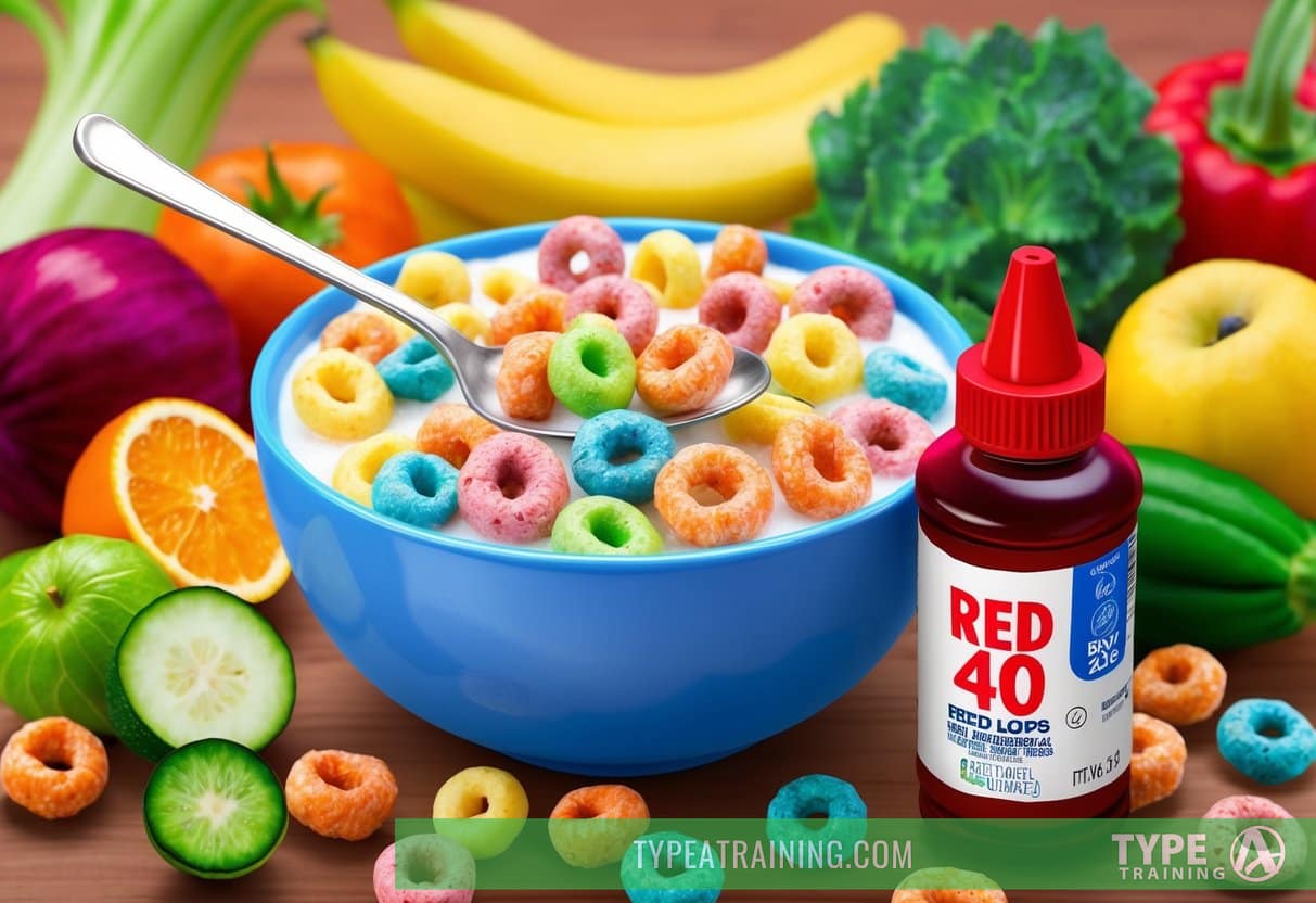 A bowl of Froot Loops cereal with a spoon, surrounded by various fruits and vegetables. A bottle of red dye 40 sits next to the bowl