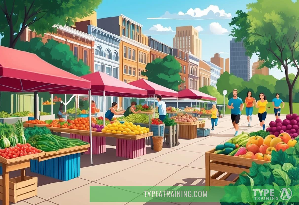 A vibrant farmers' market with colorful, fresh produce and people exercising in a park nearby