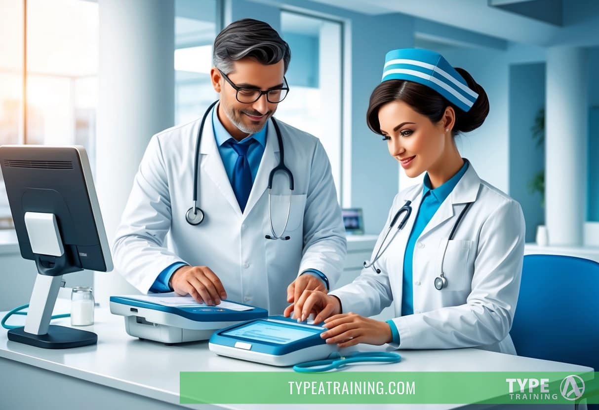 A doctor and nurse work together in a modern clinic, using advanced medical equipment to provide care and promote health