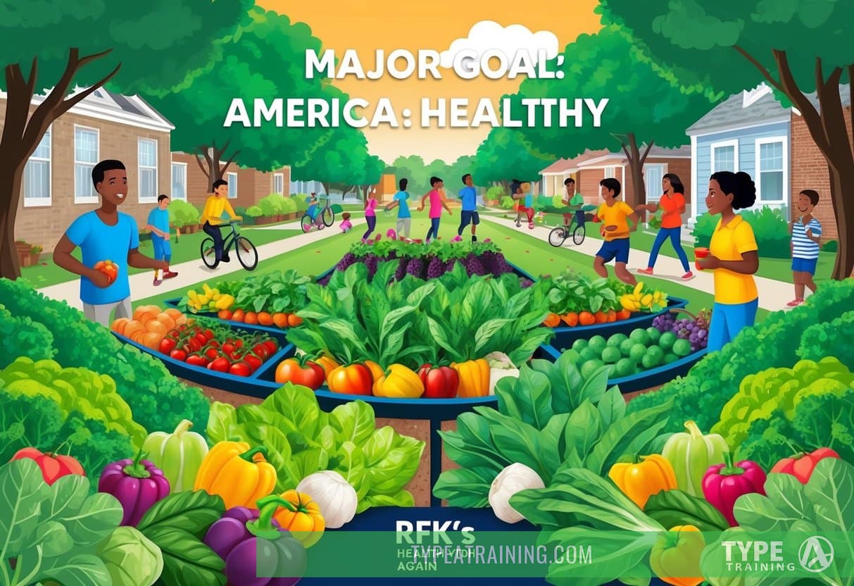 RFK's major goal: make America healthy again. A vibrant garden bursting with fresh produce, surrounded by a community engaged in outdoor activities