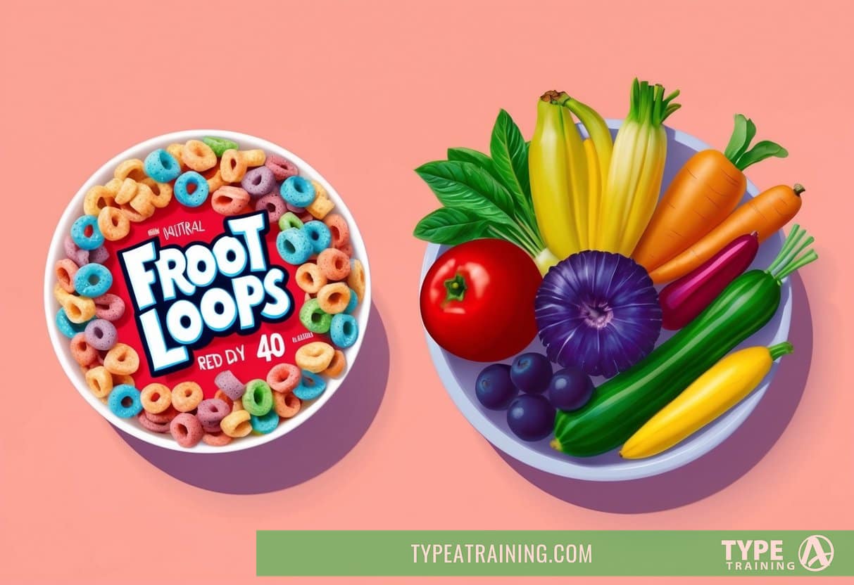 A bowl of Froot Loops with red dye 40 next to a bowl of natural, colorful fruits and vegetables