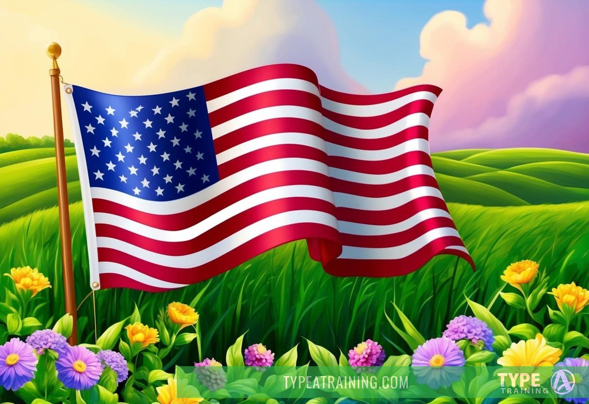 An American flag waving in the wind, surrounded by lush green fields and vibrant, blooming flowers
