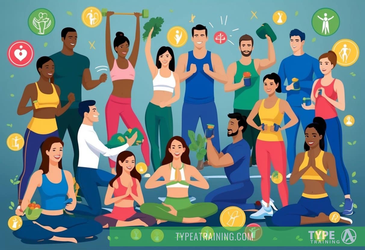 A diverse group of people engaging in various healthy activities, surrounded by symbols of wellness and vitality