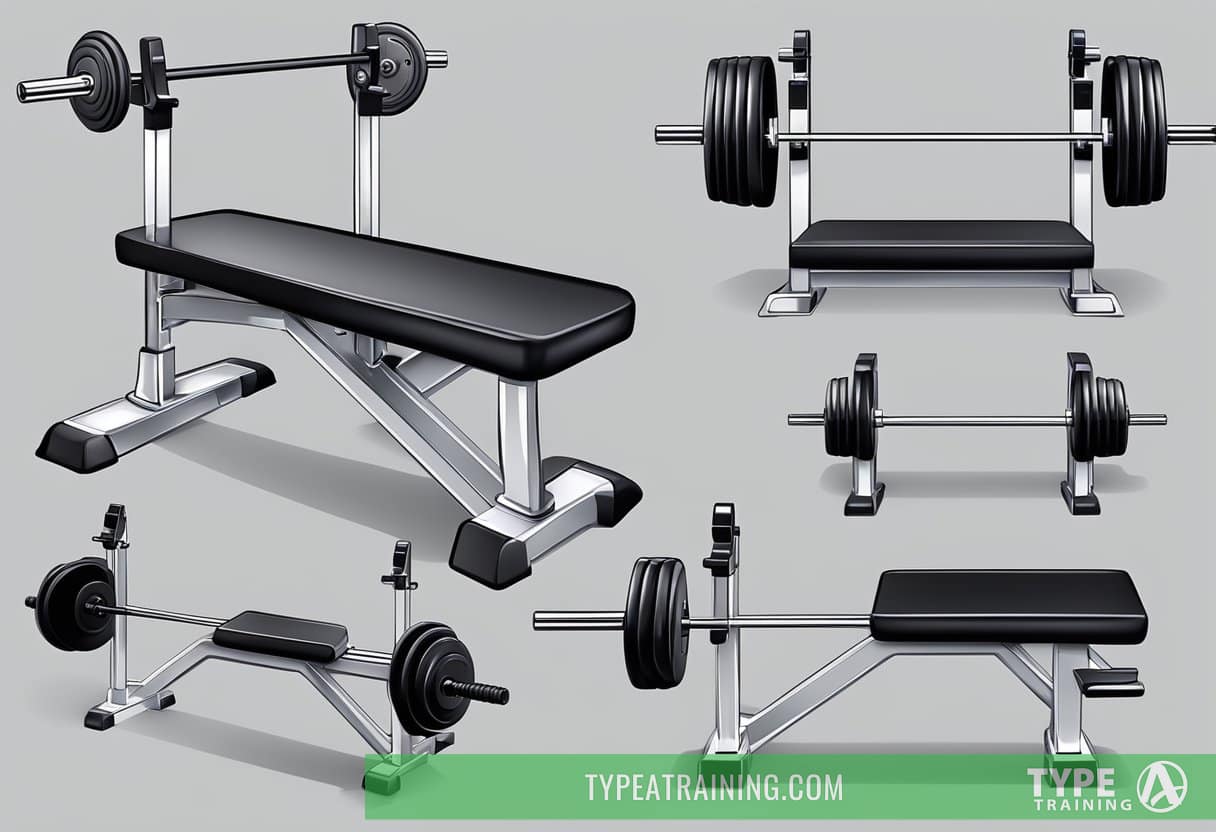 A weight bench with barbells of different sizes and variations set up for bench pressing