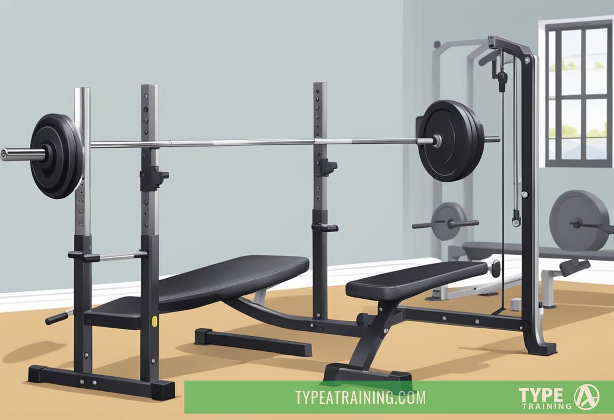 A weight bench with safety bars, a barbell, and a spotter standing nearby