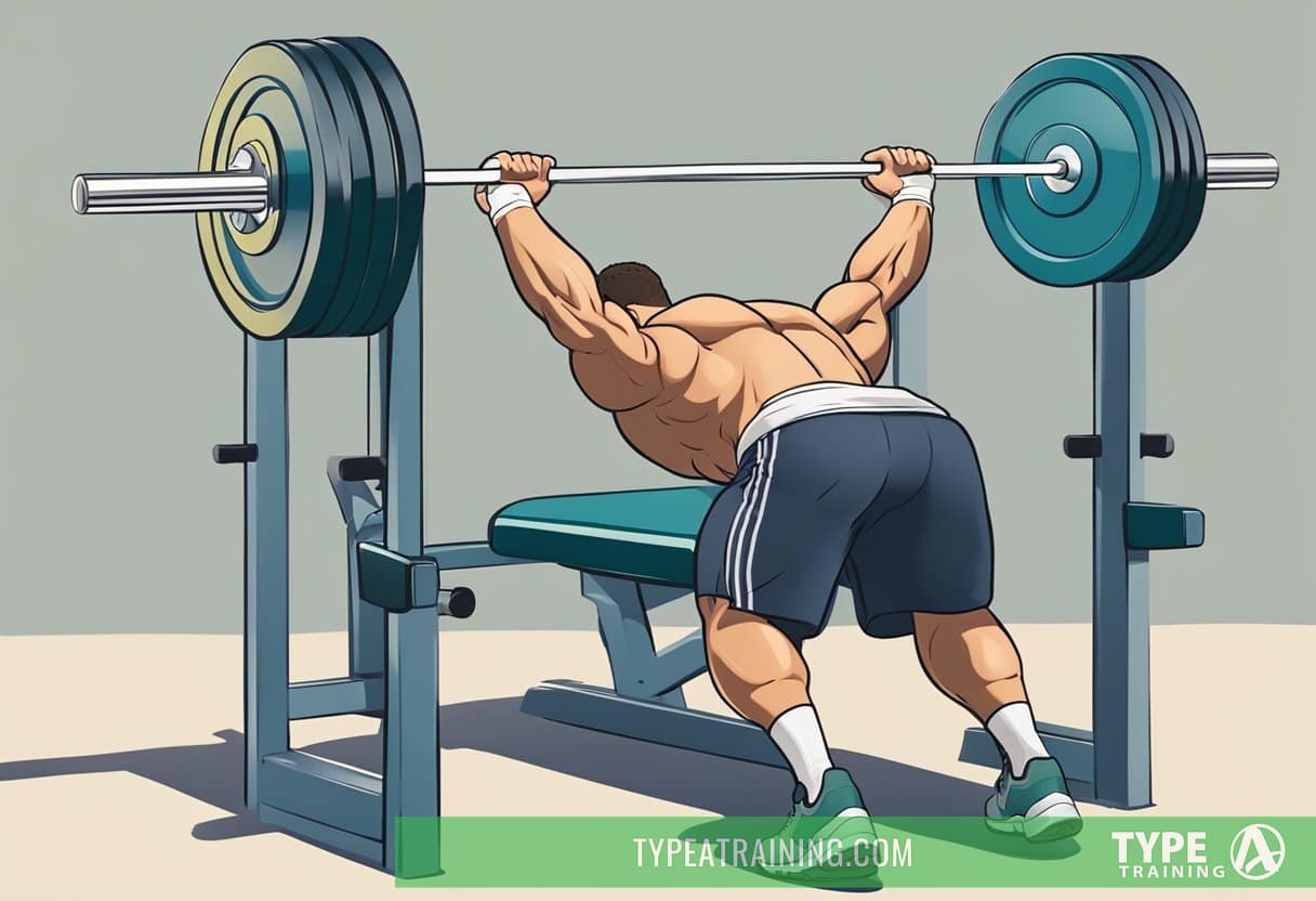 A person struggling to lift too much weight, arching their back, and not fully extending their arms while bench pressing