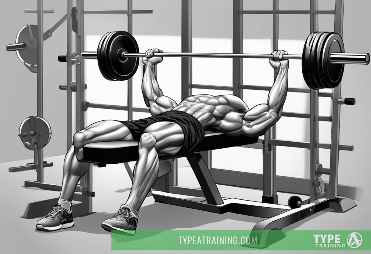 A person lying on a weight bench, with a barbell above them, ready to perform a bench press. A spotter may be present for safety