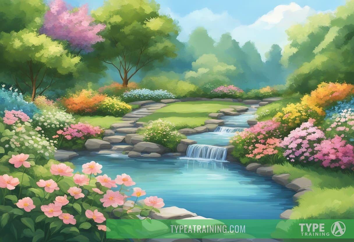 A serene garden with a flowing stream, surrounded by lush greenery and blooming flowers under a clear blue sky