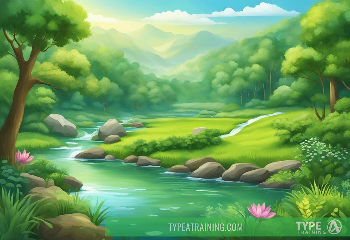 A lush, green landscape with clean air, flowing water, and diverse wildlife. The scene exudes harmony and balance, representing environmental wellness