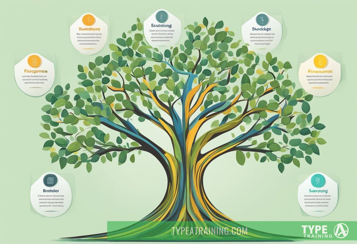 A tree with eight branches, each representing a different aspect of financial wellness, such as budgeting, saving, investing, and debt management