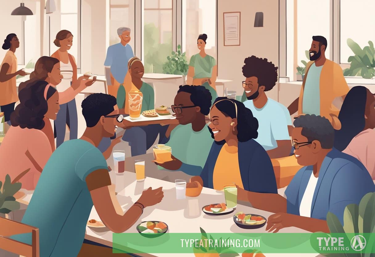 A group of diverse individuals engage in conversation, laughing and sharing stories in a welcoming and inclusive environment. Tables are filled with healthy snacks and drinks, creating a warm and inviting atmosphere