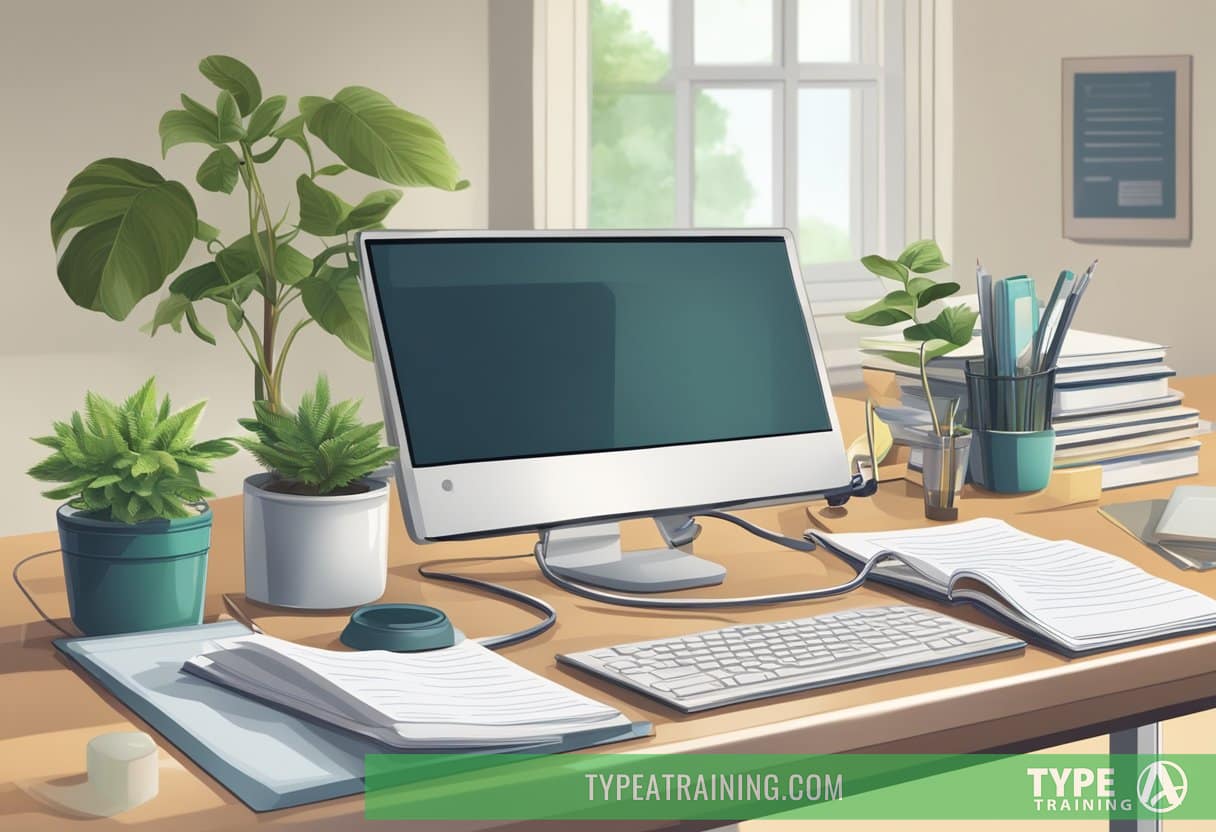 A desk with a computer, plant, and organized paperwork. A stethoscope and medical books are nearby. The setting is calm and professional