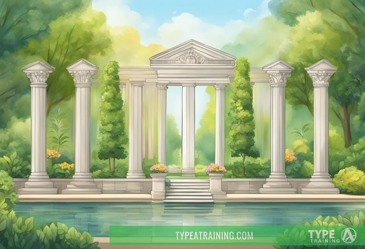 A serene garden with eight pillars representing different aspects of wellness: physical, emotional, social, environmental, occupational, financial, intellectual, and spiritual
