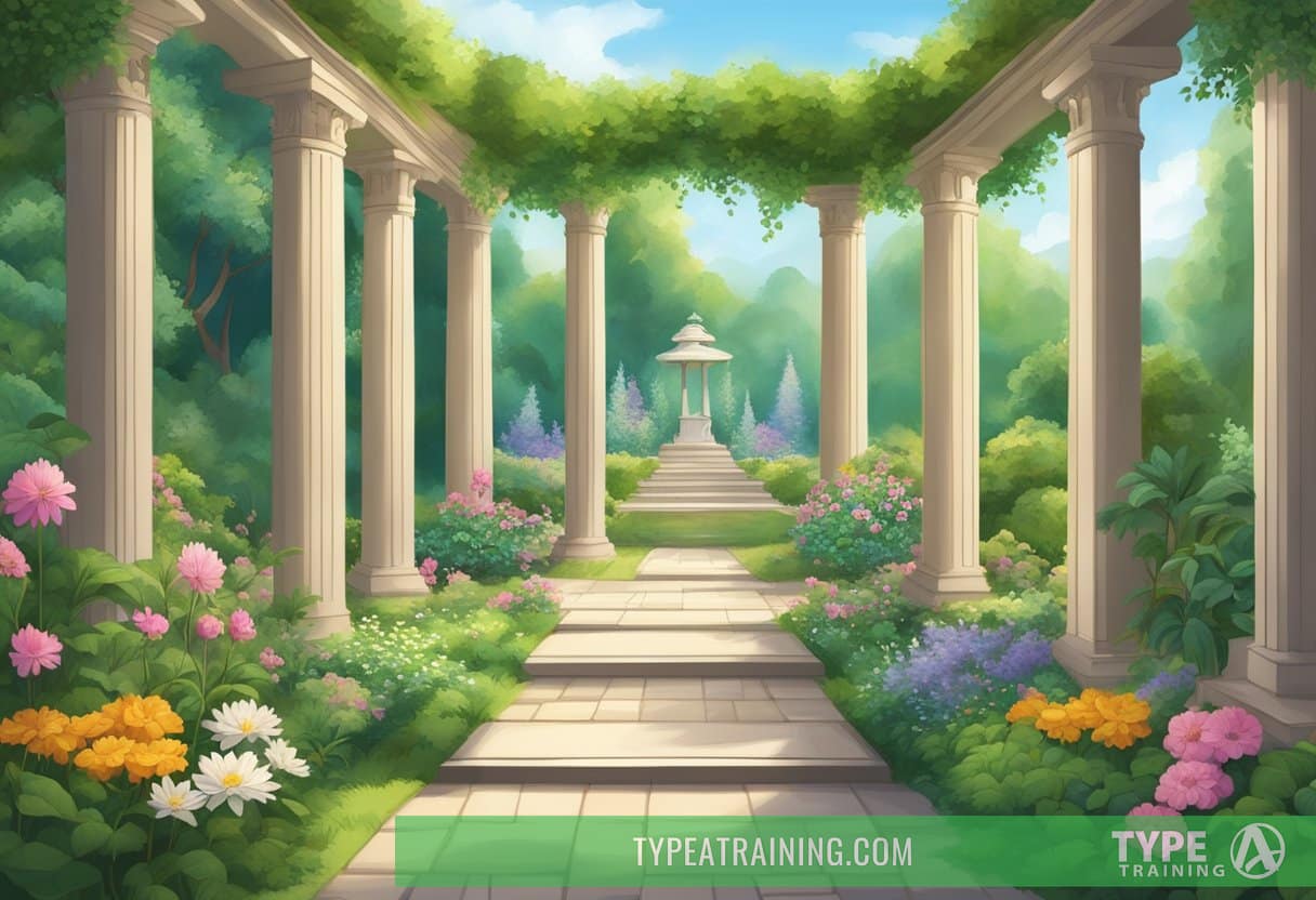 A serene garden with eight pillars representing different aspects of wellness, such as physical, emotional, and spiritual, surrounded by lush greenery and blooming flowers