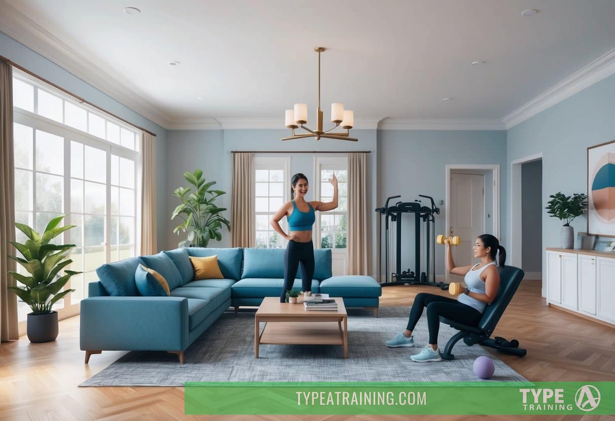 A spacious, well-lit living room with exercise equipment and a personal trainer guiding a client through a workout routine