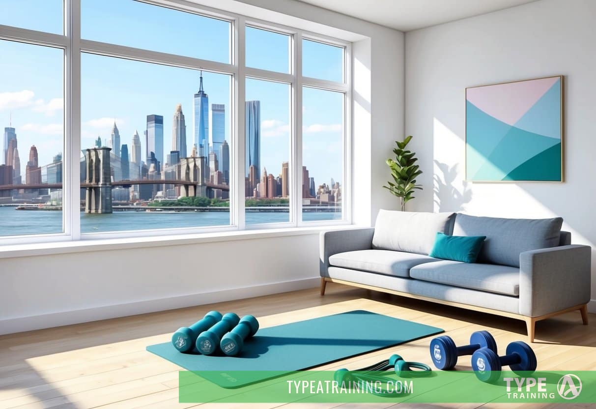 A bright, spacious living room with large windows overlooking the Brooklyn skyline. A yoga mat, dumbbells, and resistance bands are neatly arranged in the corner, ready for a personalized workout session