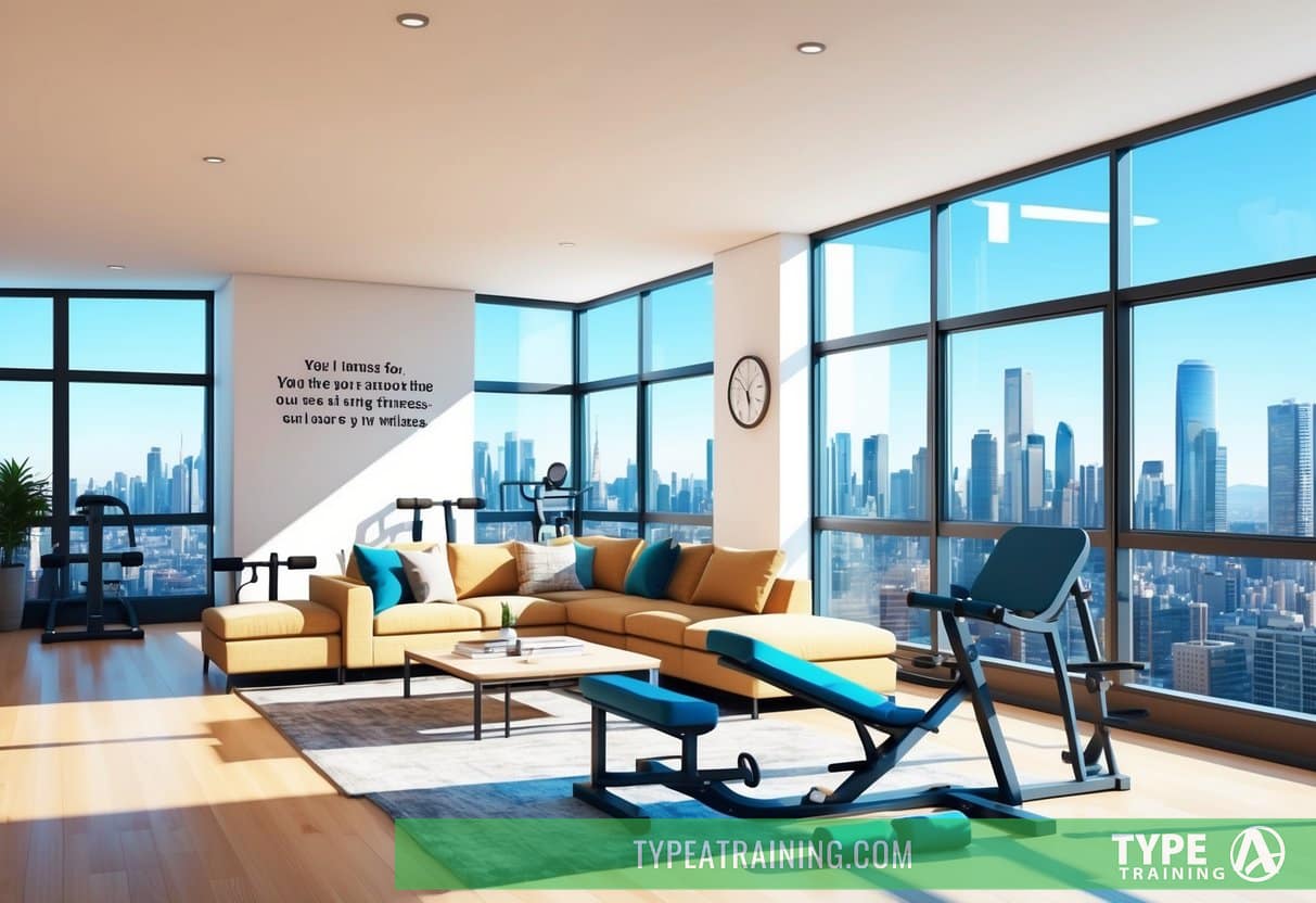 A bright, spacious living room with modern fitness equipment, large windows overlooking the city skyline, and a motivational quote on the wall