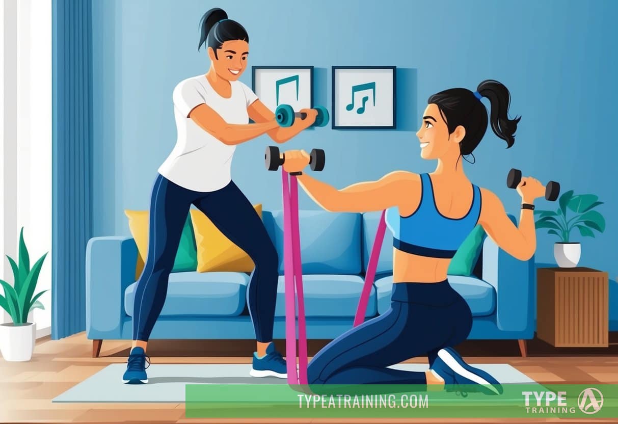 A person is working out in their living room with a personal trainer, using resistance bands and dumbbells. The trainer is guiding them through various exercises, while motivational music plays in the background