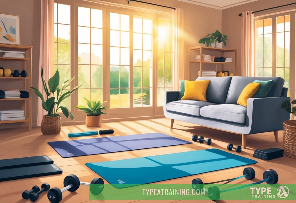 A cozy living room with yoga mats, free weights, and resistance bands neatly arranged. Sunlight streams in through large windows, casting a warm glow on the space