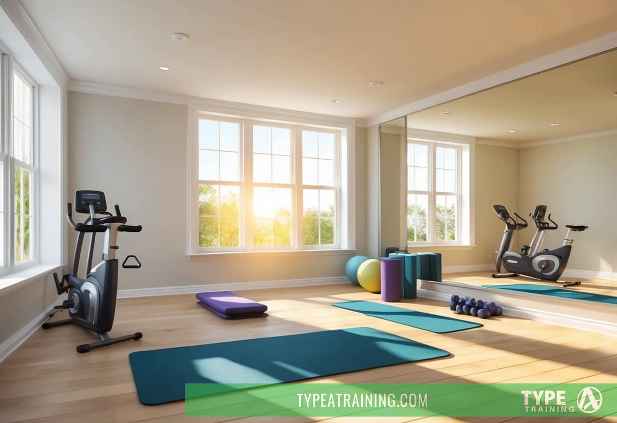 A spacious, well-lit living room with exercise equipment, yoga mats, and a large mirror. Sunlight streams in through the windows, creating a warm and inviting atmosphere